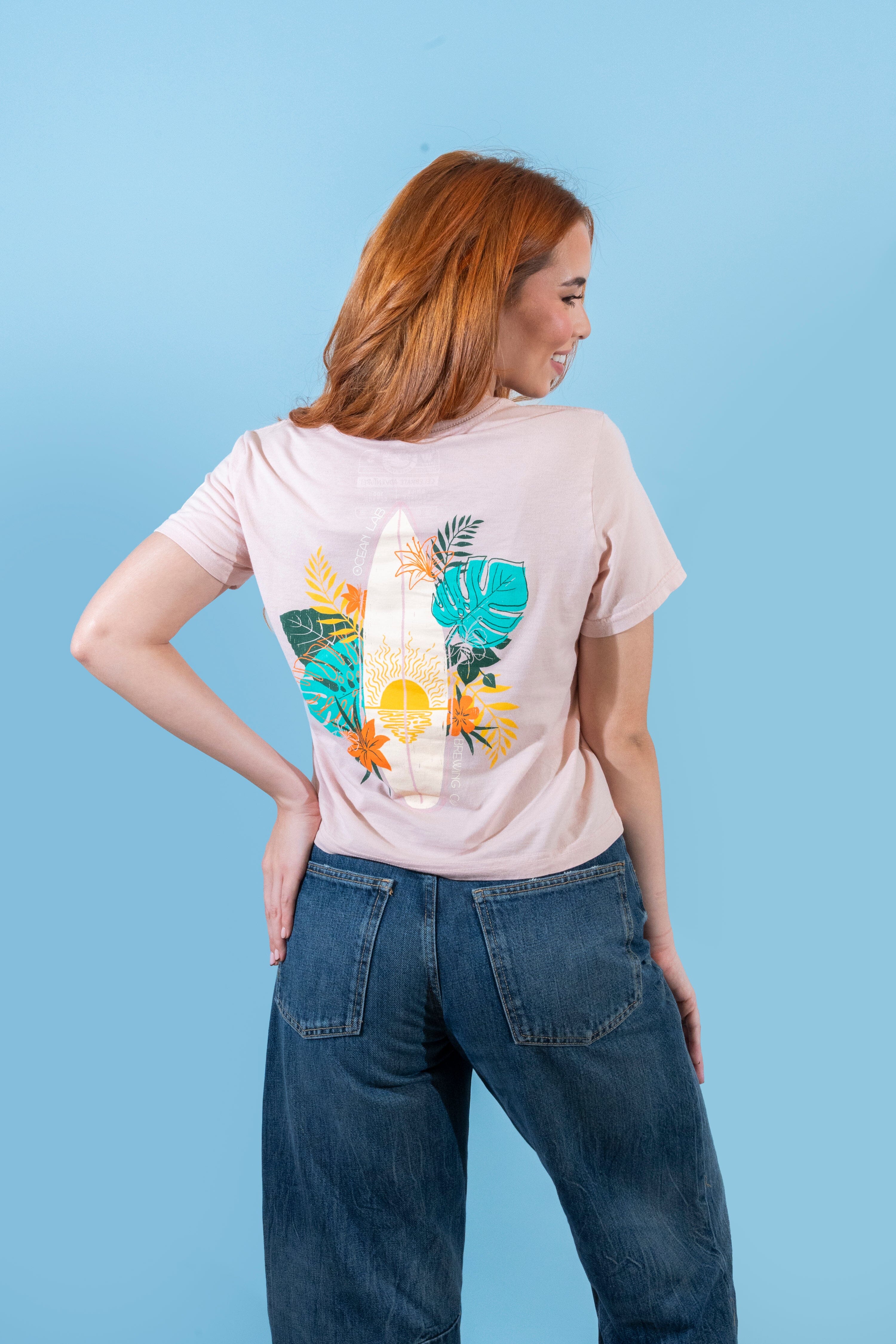 Tropical Surf Cropped Ladies Tee - Dusty Pink