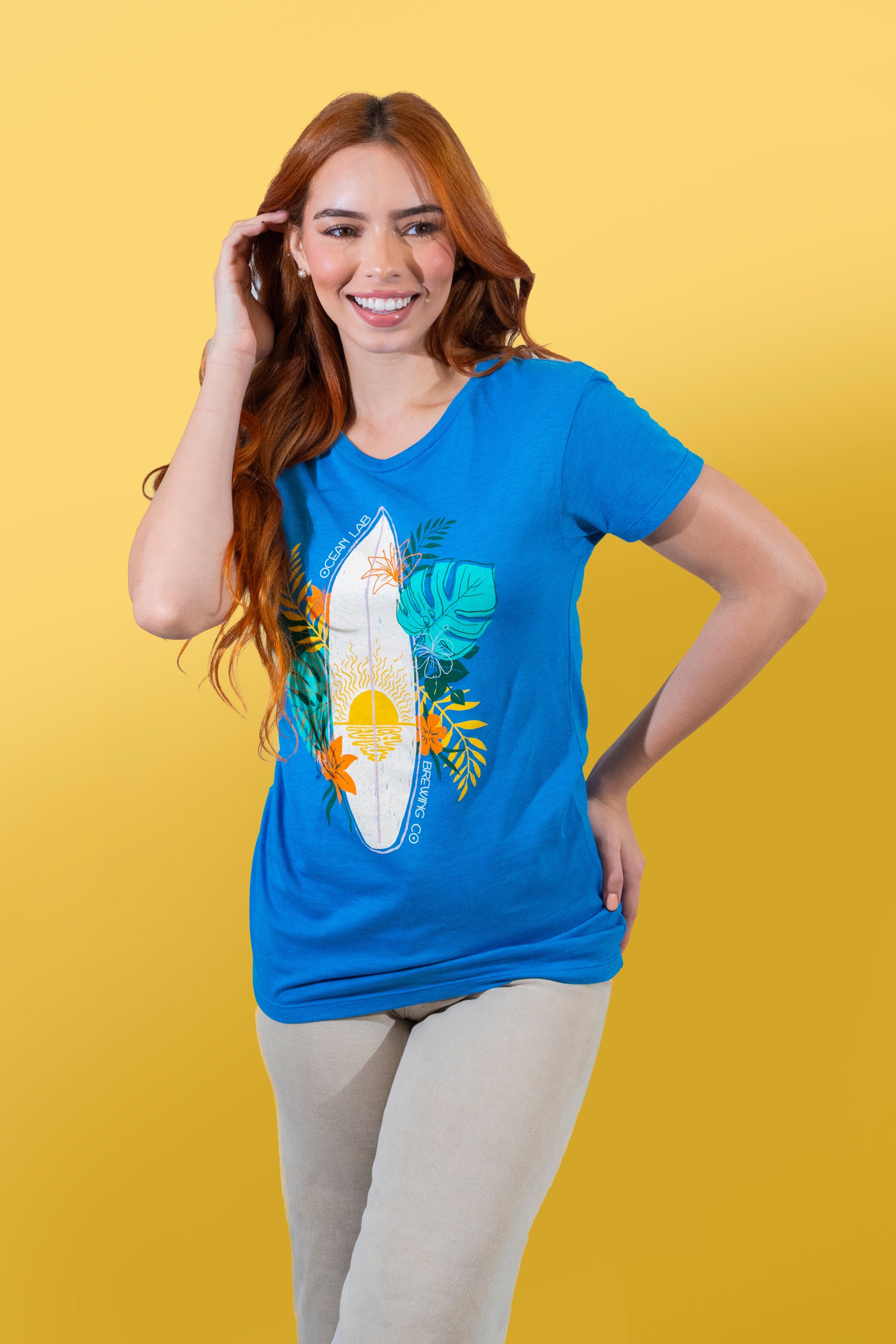 Tropical Surf Short Sleeve Heather Ladies Tee - Heather Turquoise